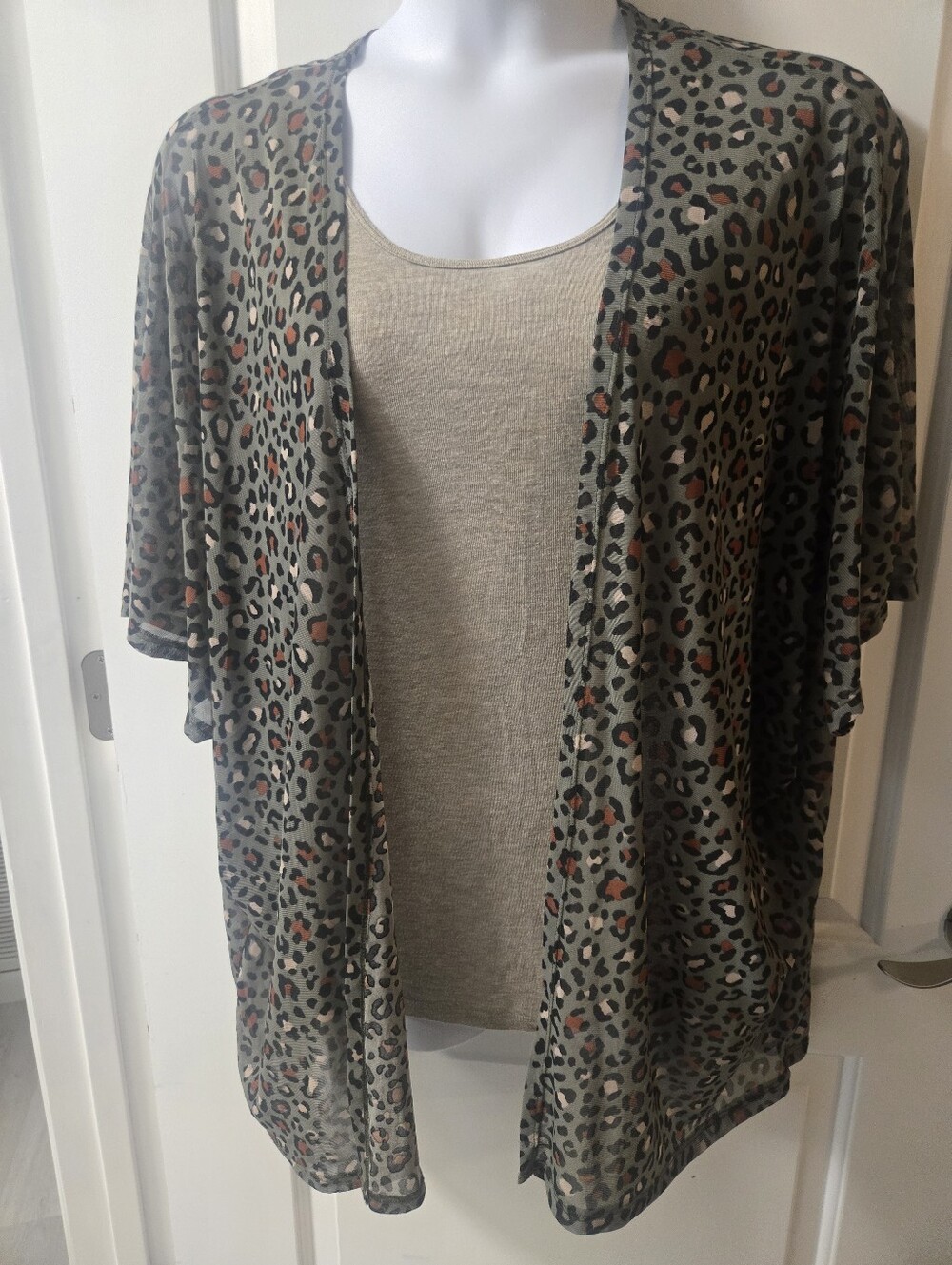 Leopard Print Open Front Women's Fine Mesh Kimono in Olive Creen, Taupe and Rust